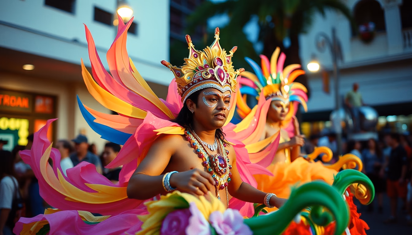 rio carnival float colorful in editorial style