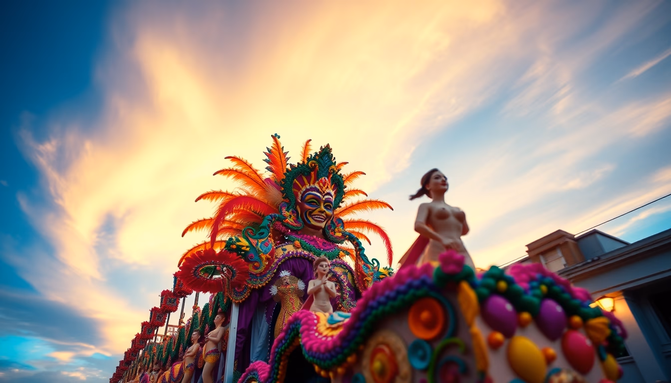 rio carnival float colorful in editorial style