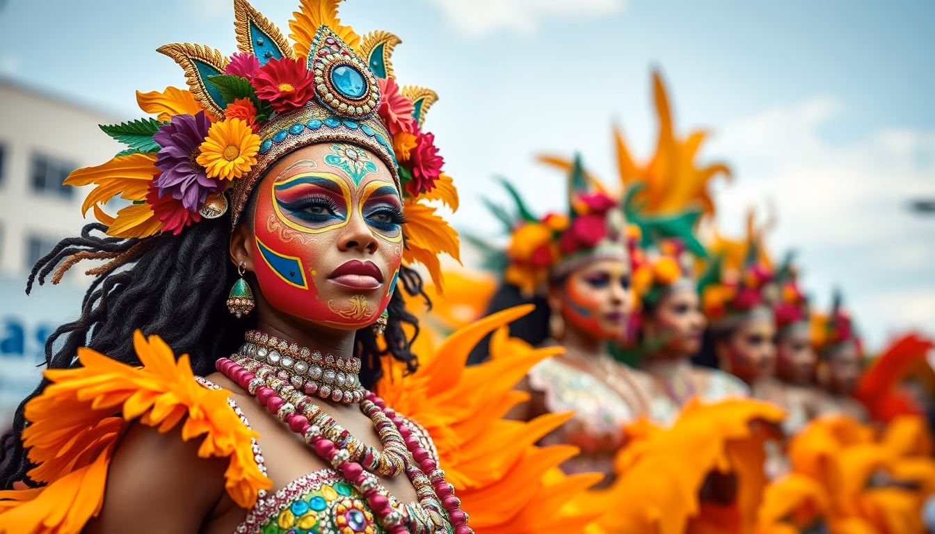 rio carnival float colorful in editorial style