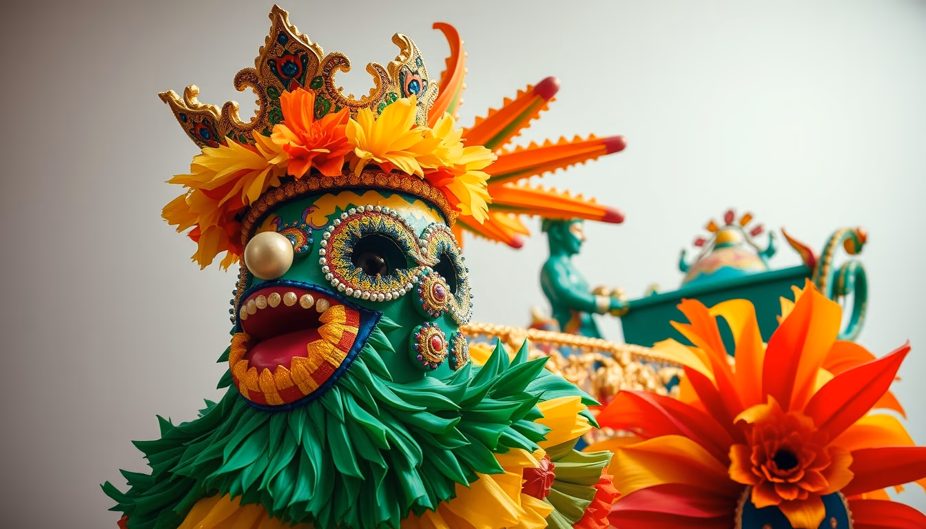 rio carnival float colorful in editorial style