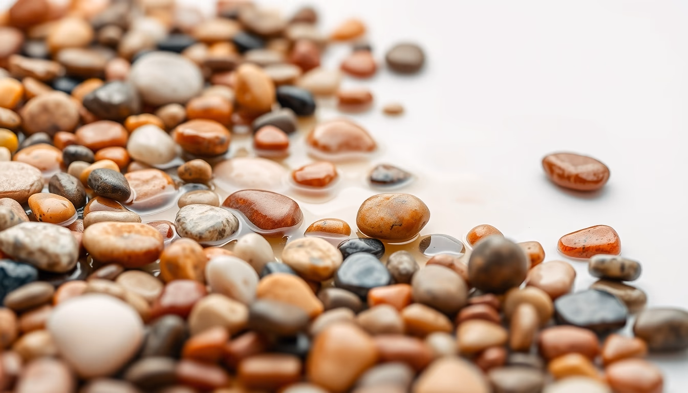 river smooth pebbles colorful in editorial style