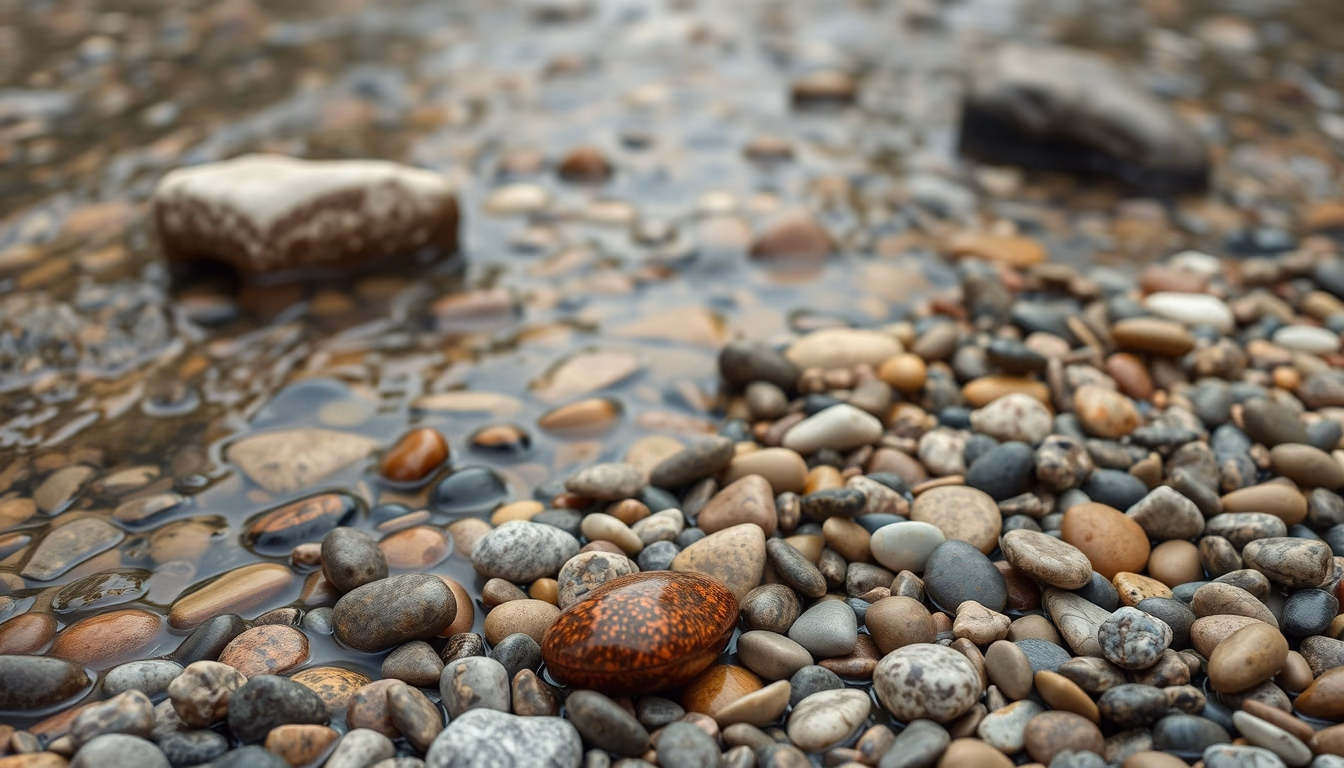 river smooth pebbles colorful in editorial style