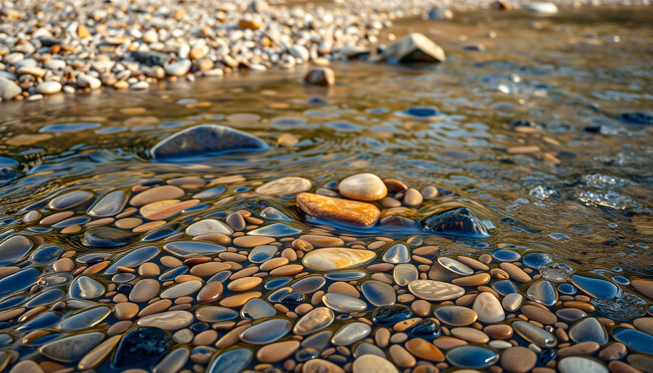 river smooth pebbles colorful in editorial style