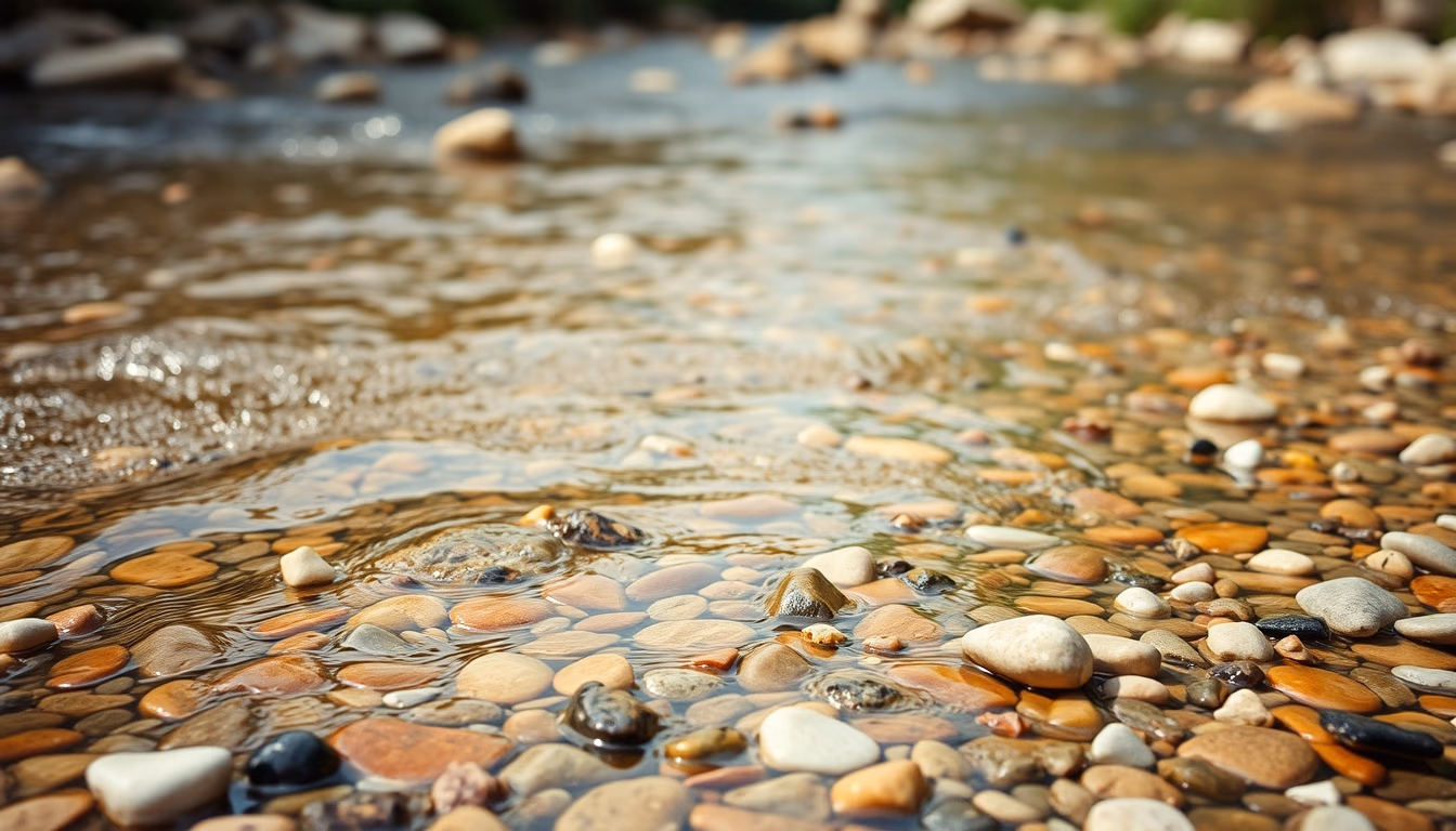 river smooth pebbles colorful in editorial style