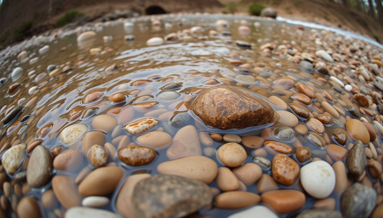 river smooth pebbles colorful in editorial style