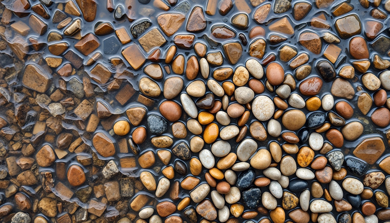 river smooth pebbles colorful in editorial style