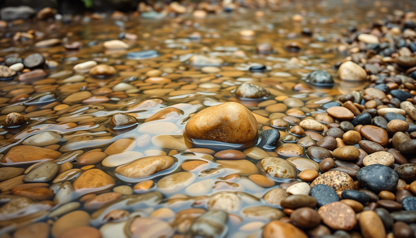 river smooth pebbles colorful in editorial style