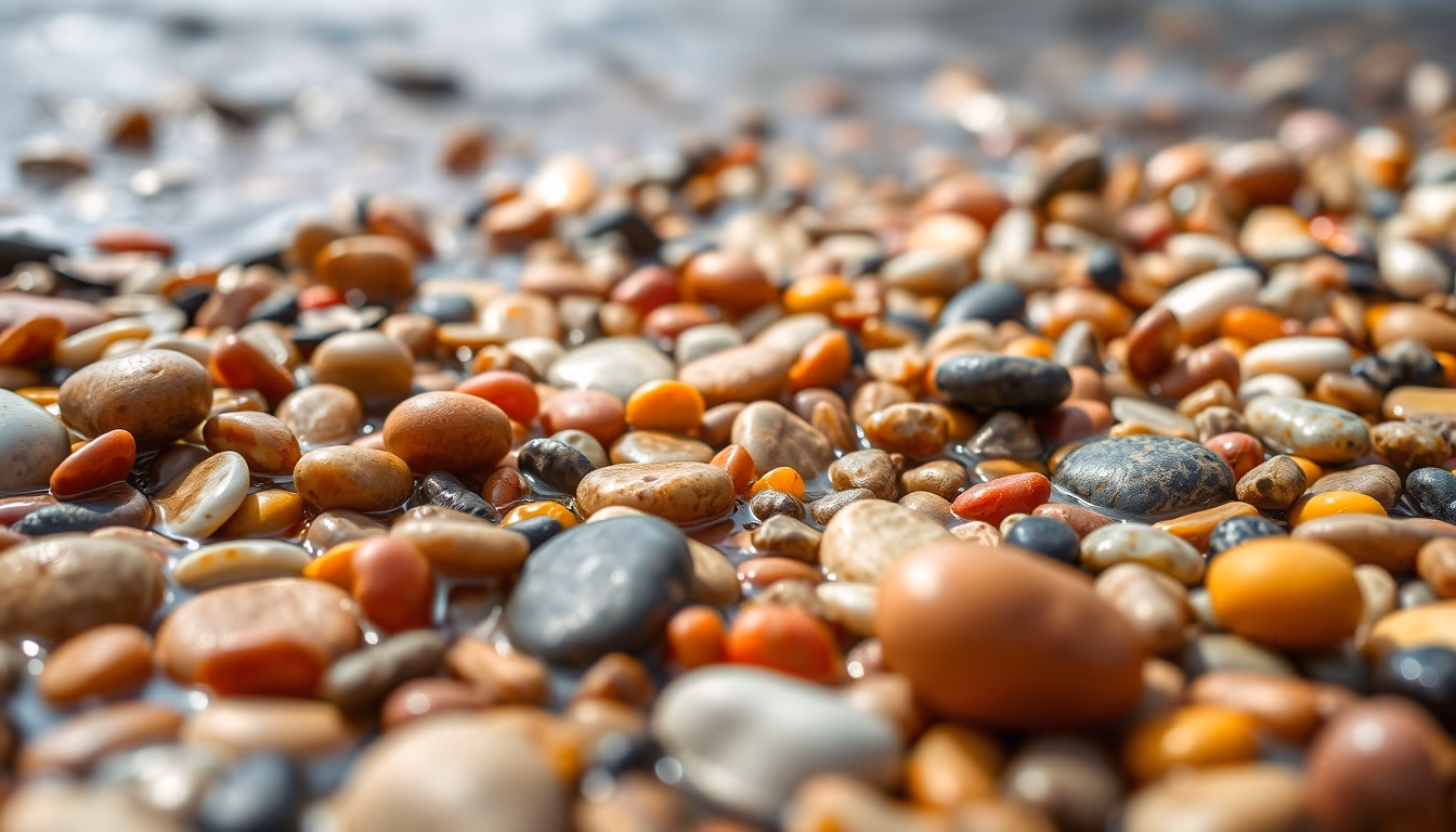 river smooth pebbles colorful in editorial style