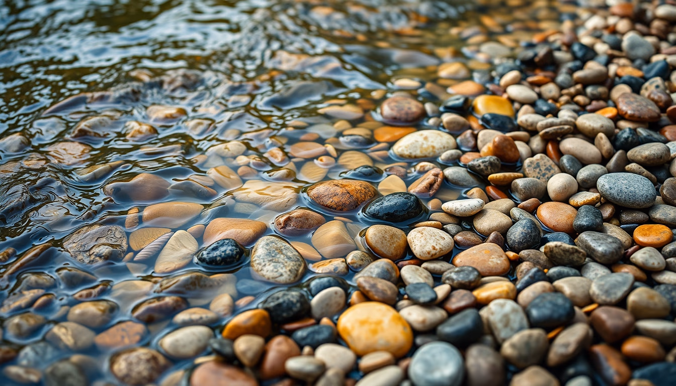 river smooth pebbles colorful in editorial style