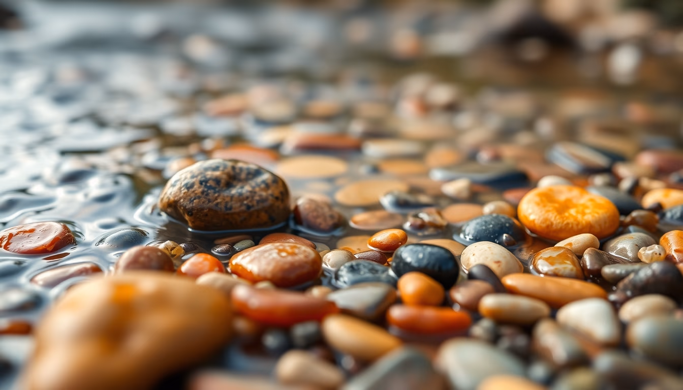 river smooth pebbles colorful in editorial style