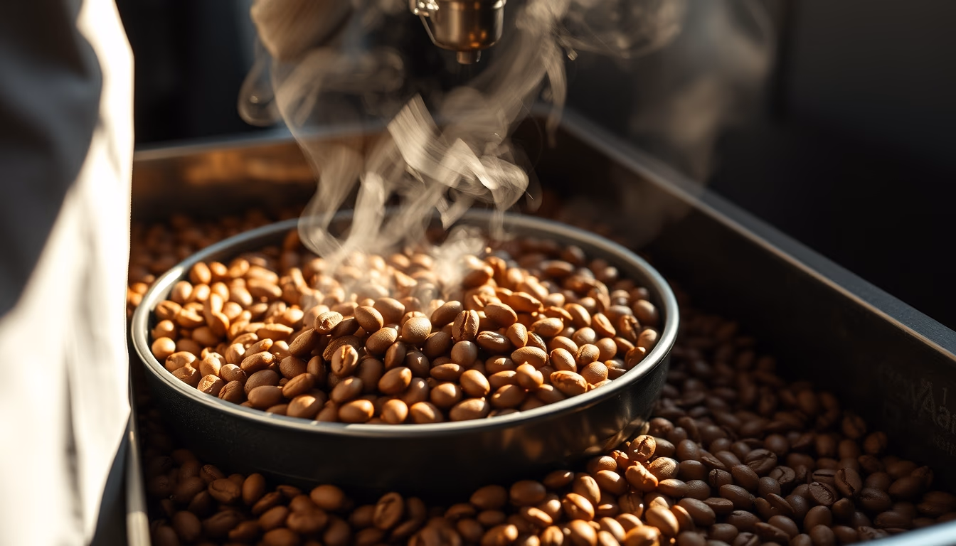 roastery beans cooling in editorial style