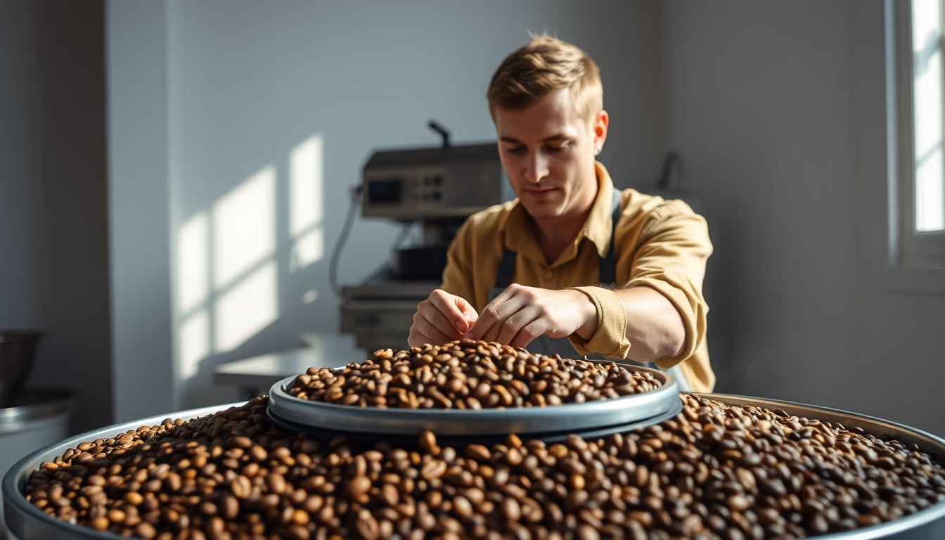 roastery beans cooling in editorial style