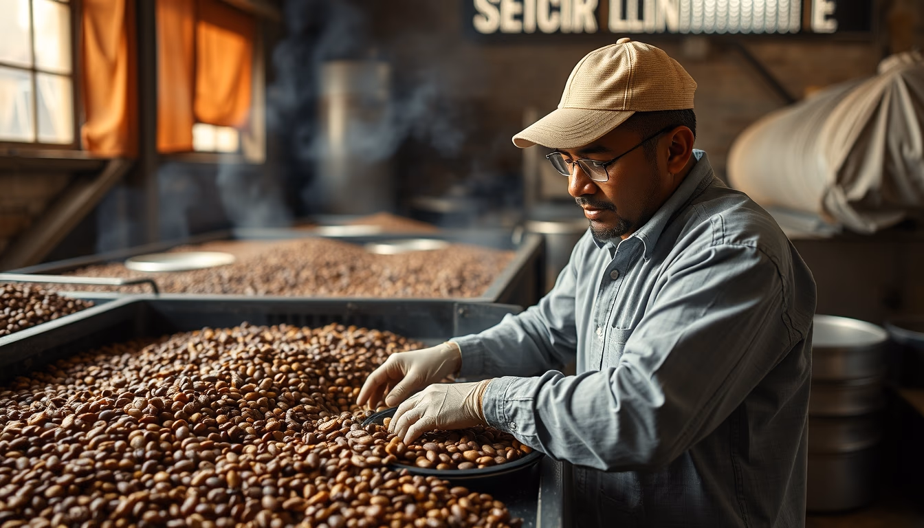 roastery beans cooling in editorial style