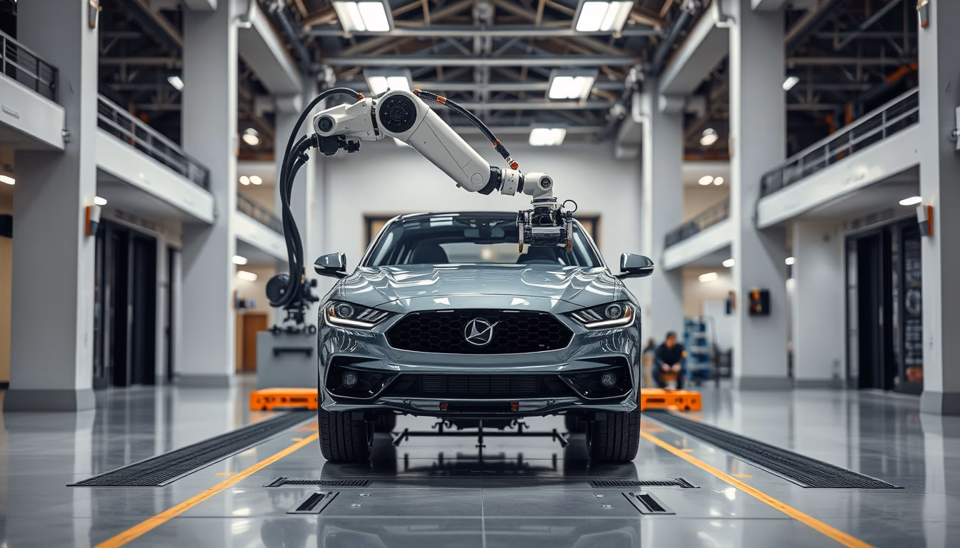 robot arm assembling car in editorial style