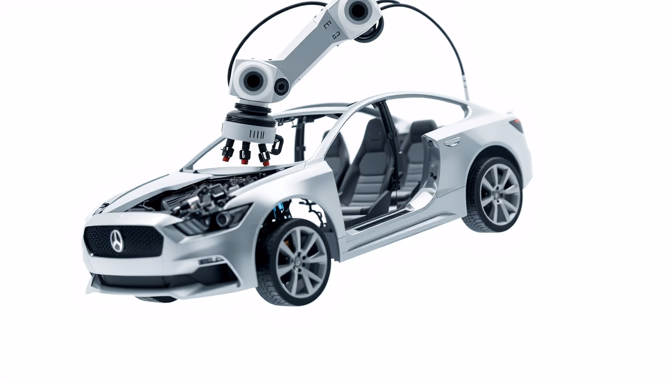 robot arm assembling car in editorial style