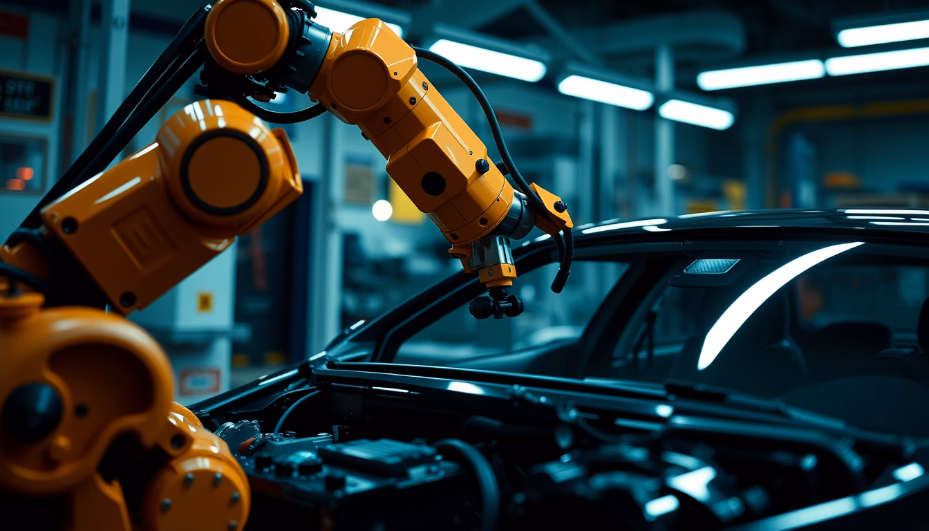 robot arm assembling car in editorial style