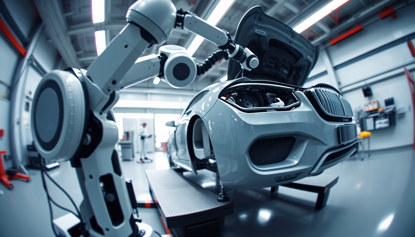 robot arm assembling car in editorial style