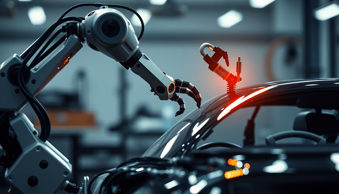 robot arm assembling car in editorial style