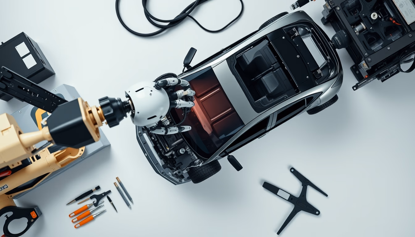 robot arm assembling car in editorial style
