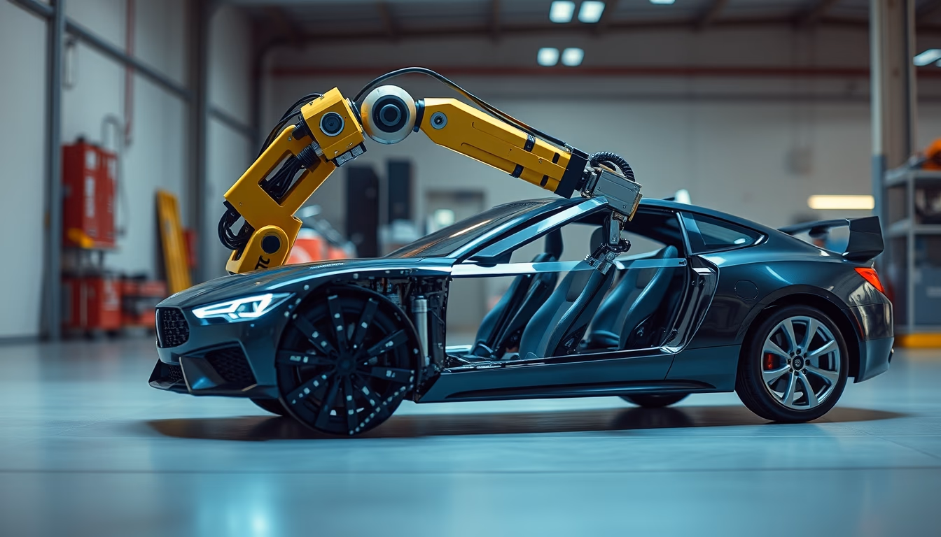 robot arm assembling car in editorial style