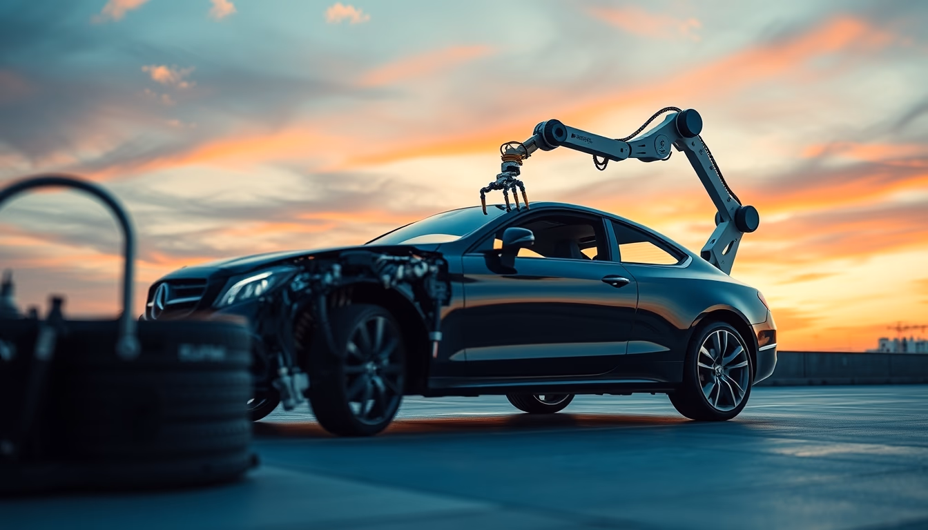 robot arm assembling car in editorial style