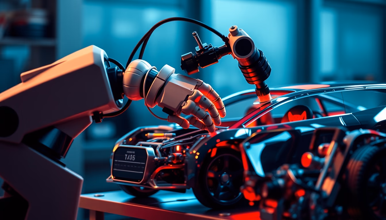 robot arm assembling car in editorial style