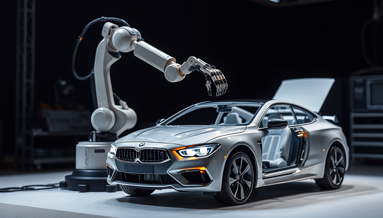robot arm assembling car in editorial style