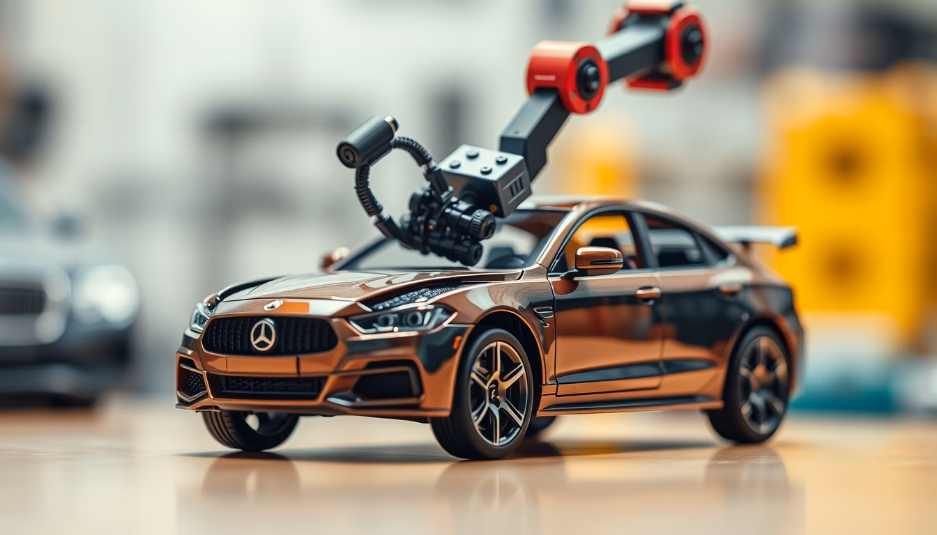 robot arm assembling car in editorial style