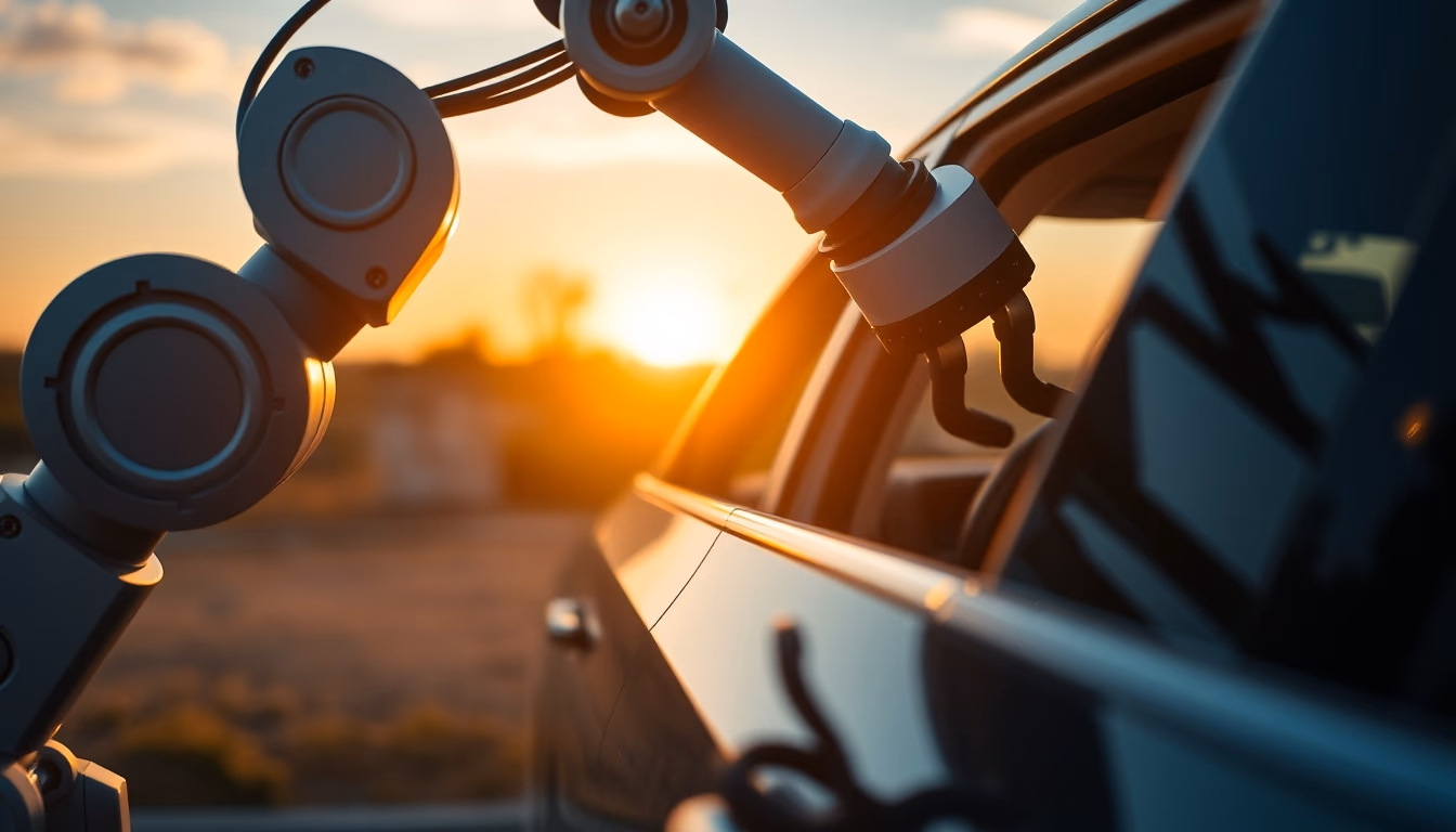 robot arm assembling car in editorial style