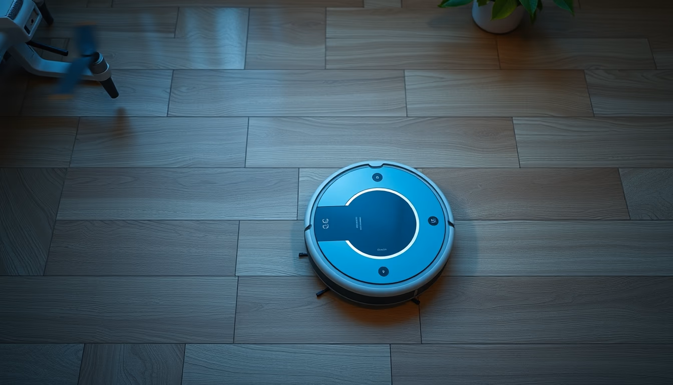 robot vacuum on floor in editorial style