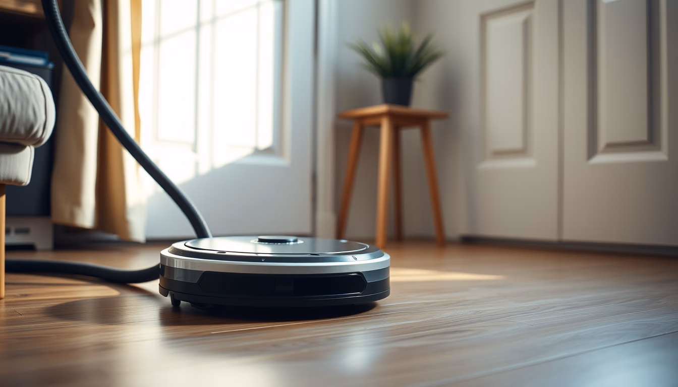 robot vacuum on floor in editorial style