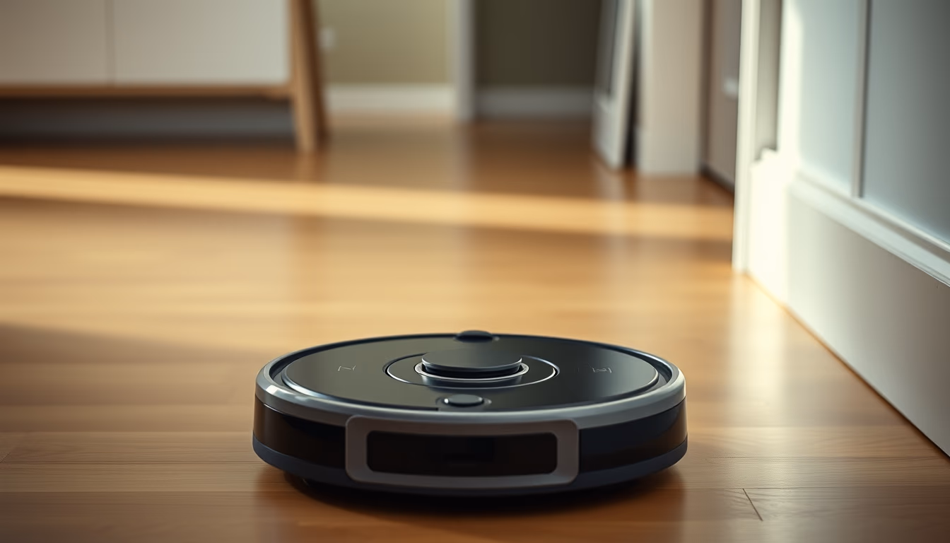 robot vacuum on floor in editorial style