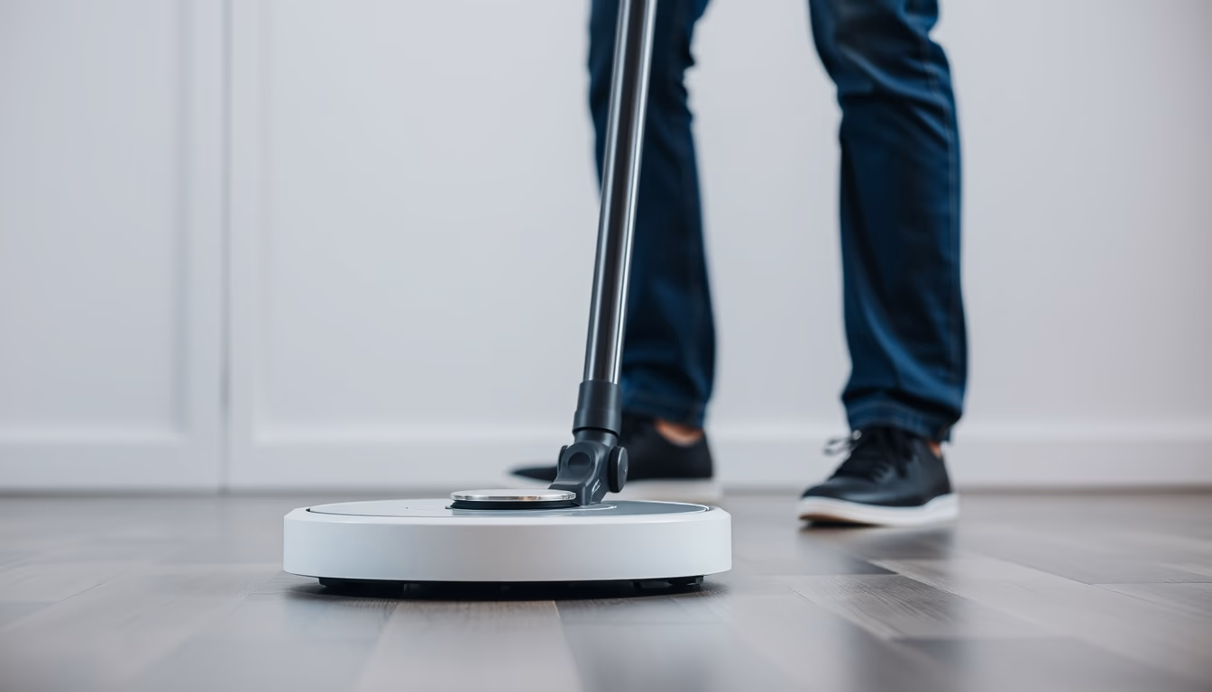 Robot vacuum on floor em estilo editorial