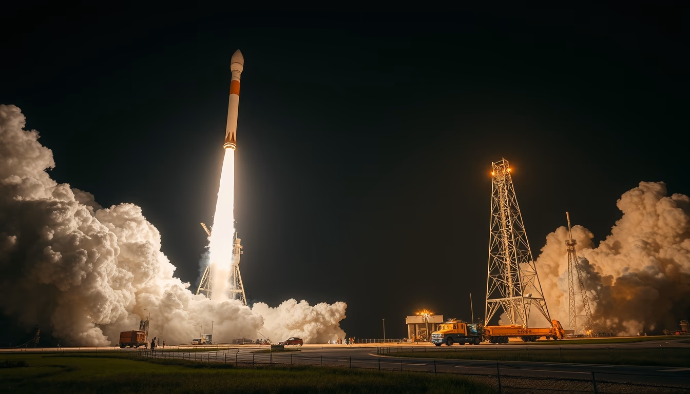 Rocket launch night em estilo editorial