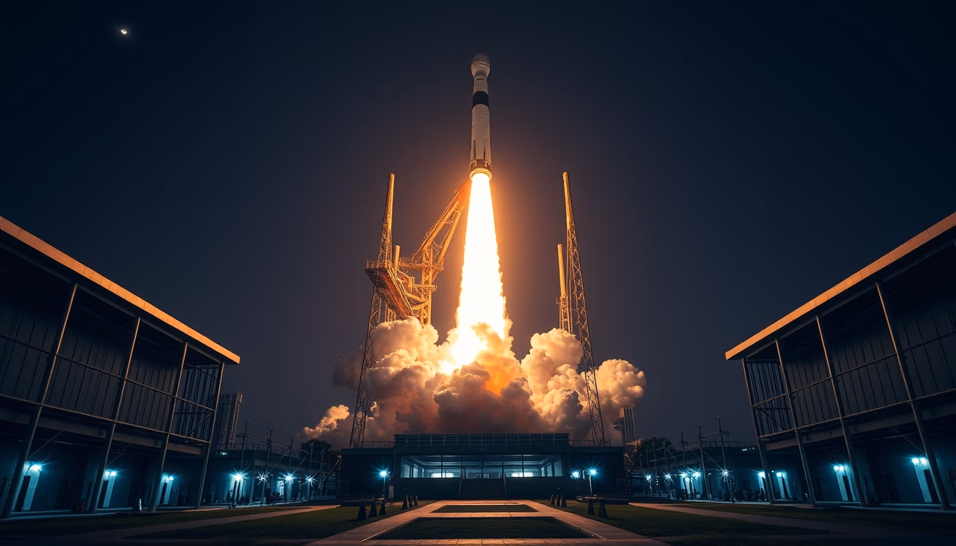 rocket launch night fire in editorial style