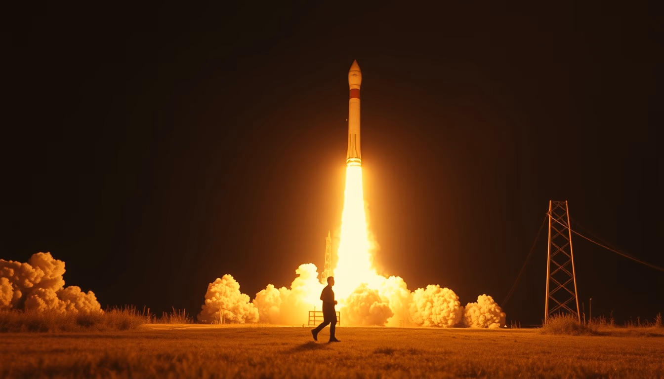 rocket launch night fire in editorial style