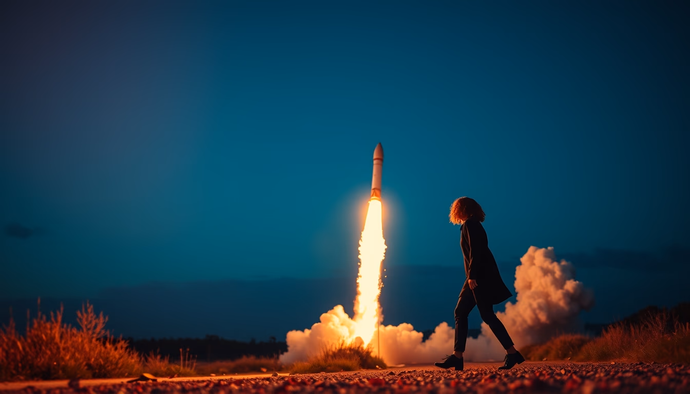rocket launch night fire in editorial style