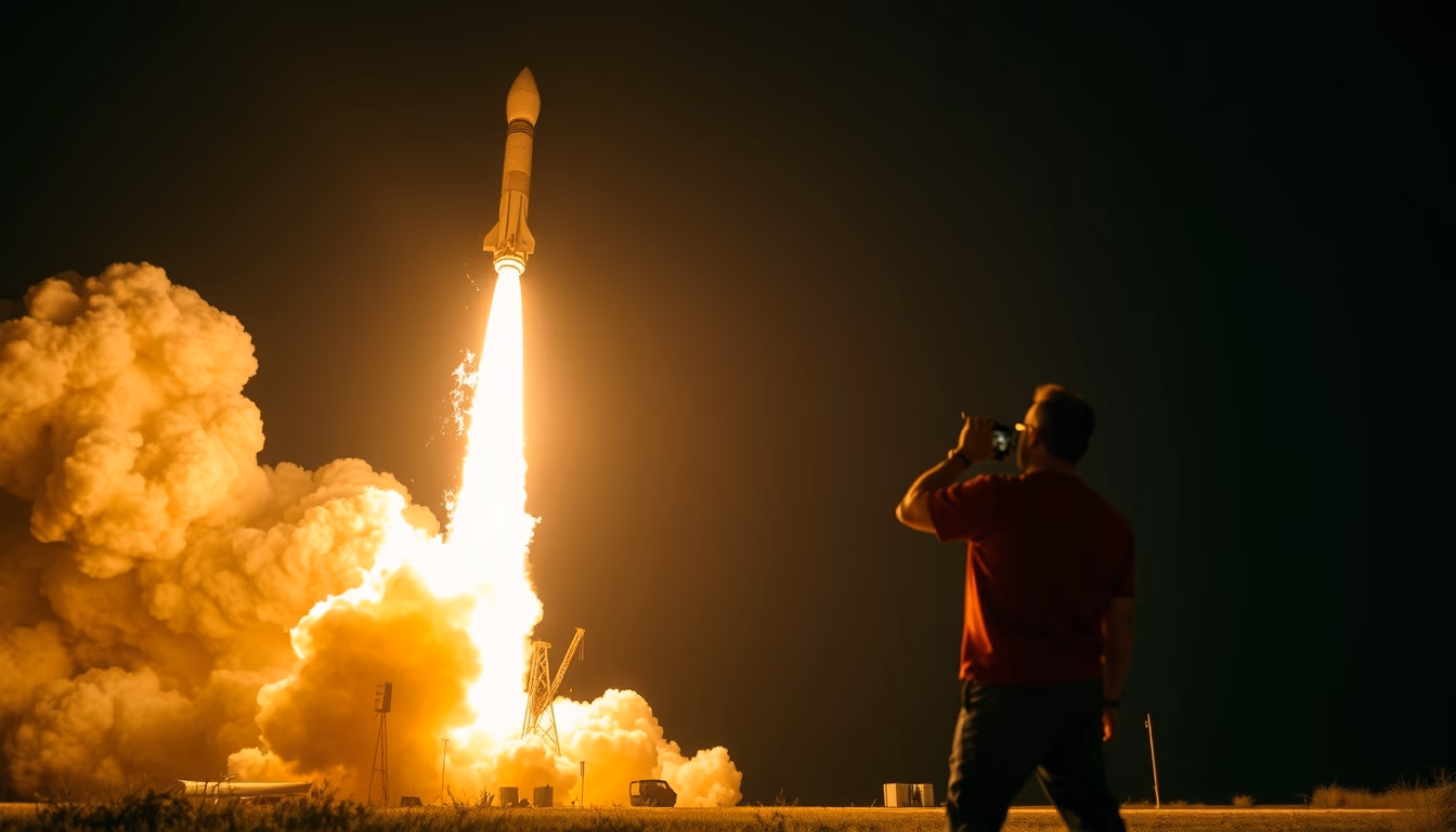 rocket launch night fire in editorial style