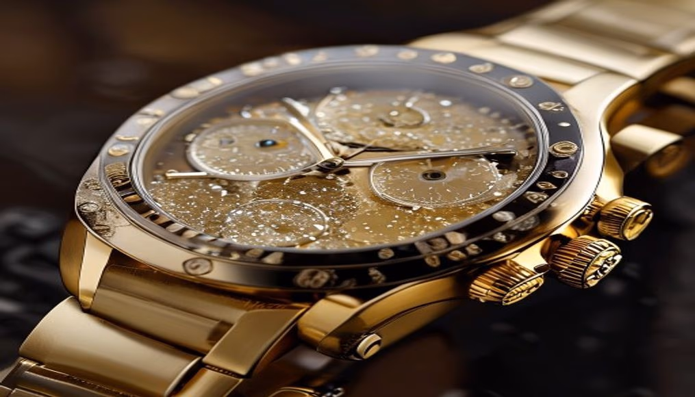 Rolex sky-dweller yellow gold em fotografia editorial de luxo