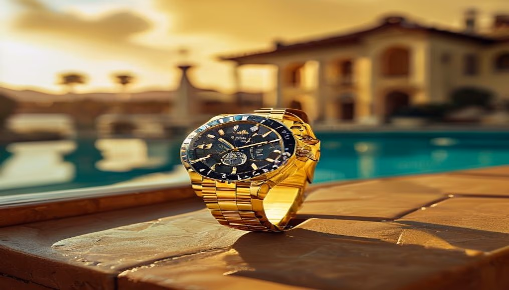 Rolex sky-dweller yellow gold em fotografia editorial de luxo