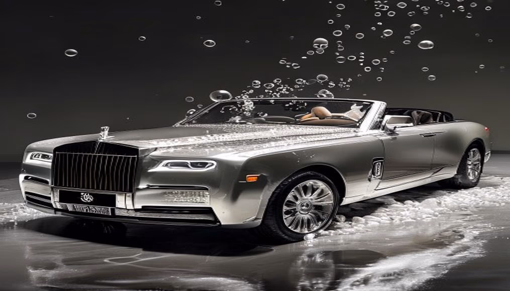 rolls royce dawn convertible silver in luxury editorial photography