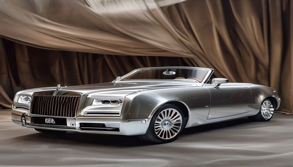 rolls royce dawn convertible silver in luxury editorial photography