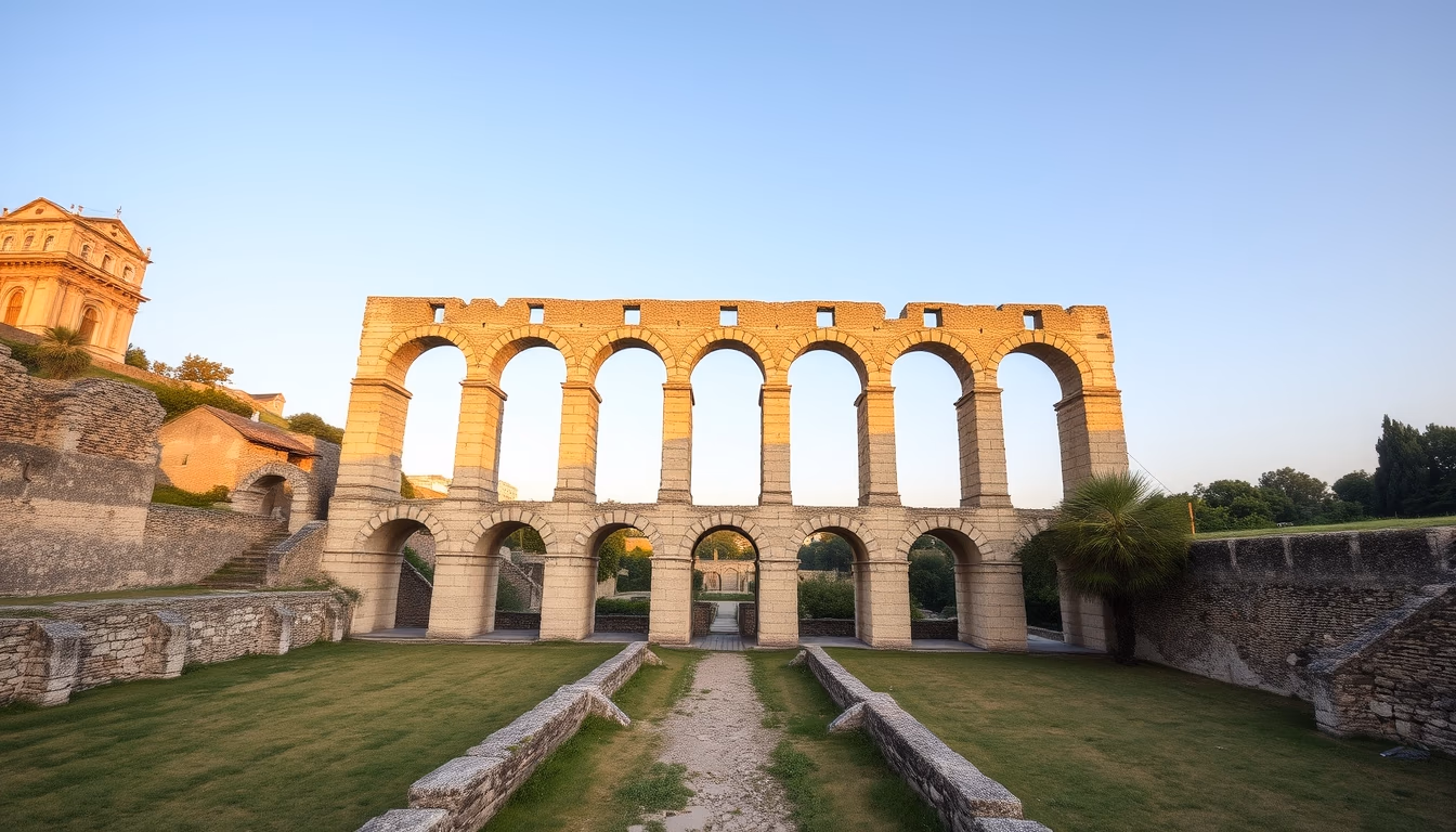 roman aqueduct ruins in editorial style