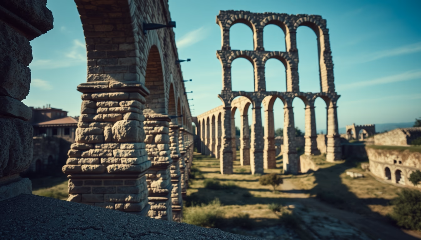 Roman aqueduct ruins em estilo editorial