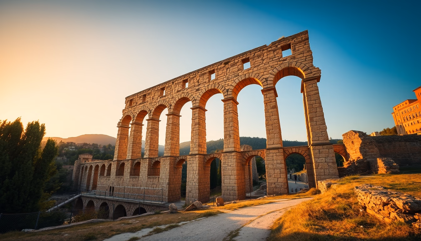 roman aqueduct ruins in editorial style