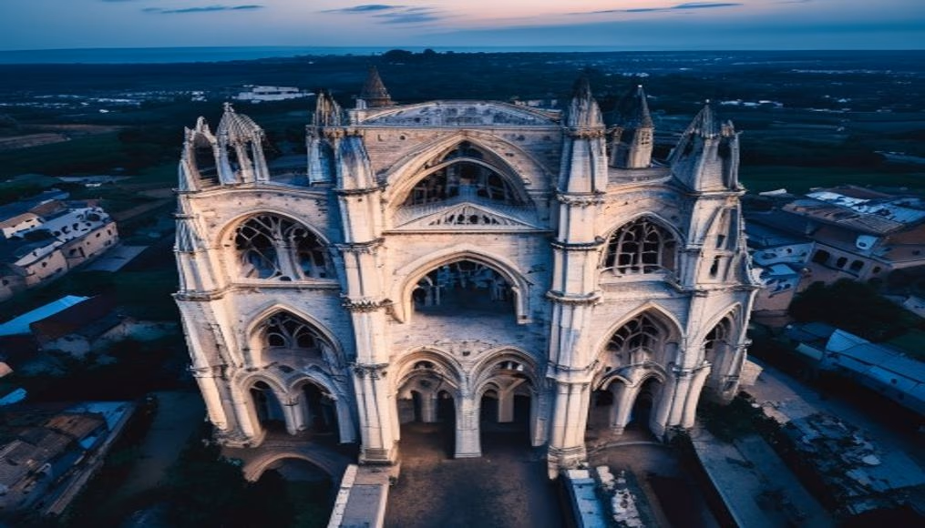 romanesque cathedral arches in editorial style