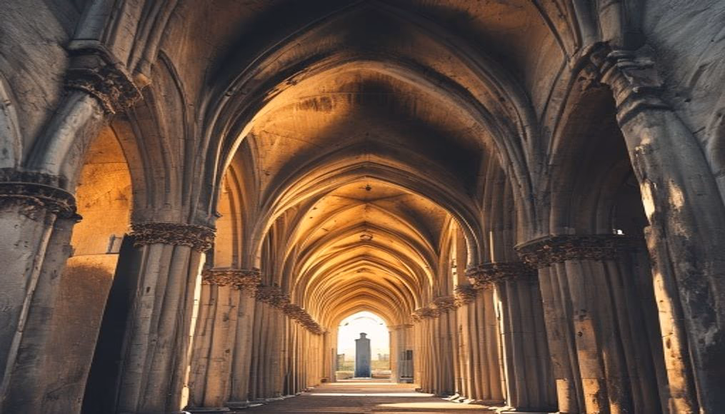 romanesque cathedral arches in editorial style