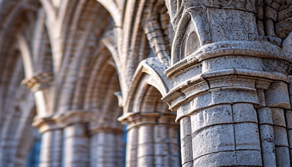 romanesque cathedral arches in editorial style