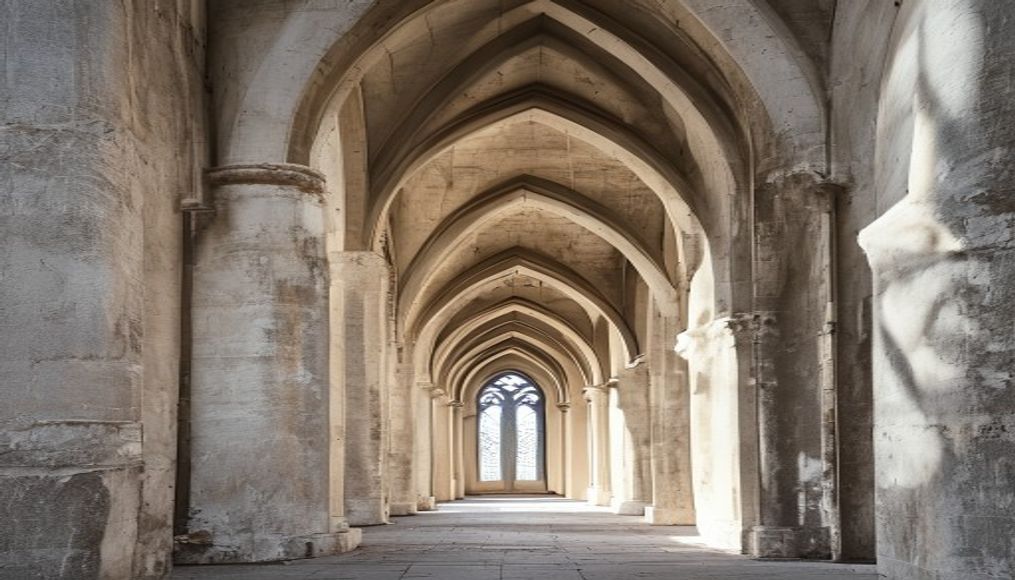 romanesque cathedral arches in editorial style