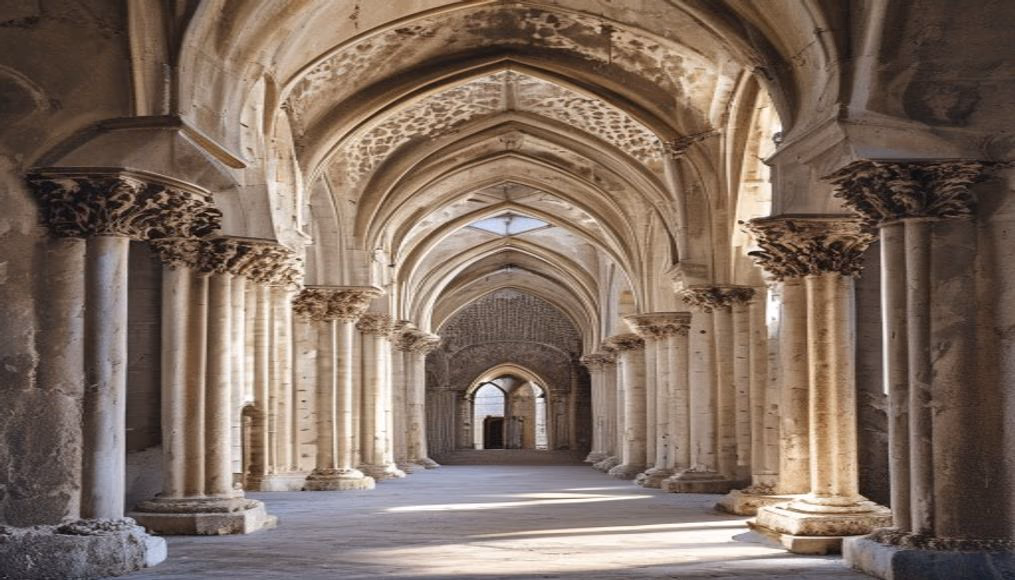 romanesque cathedral arches in editorial style